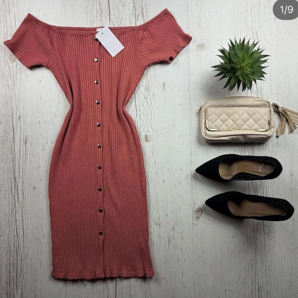 Say What? Off-Shoulder Ribbed Midi Dress in Coral